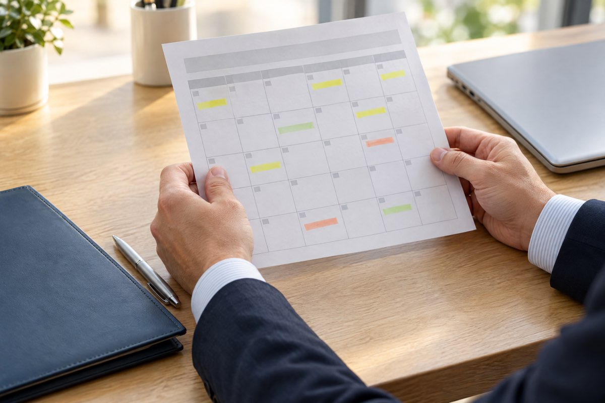 Personalverantwortlicher prüft einen Kalender mit markierten Fehltagen, Symbolbild zur Gesundheitsprognose bei krankheitsbedingter Kündigung