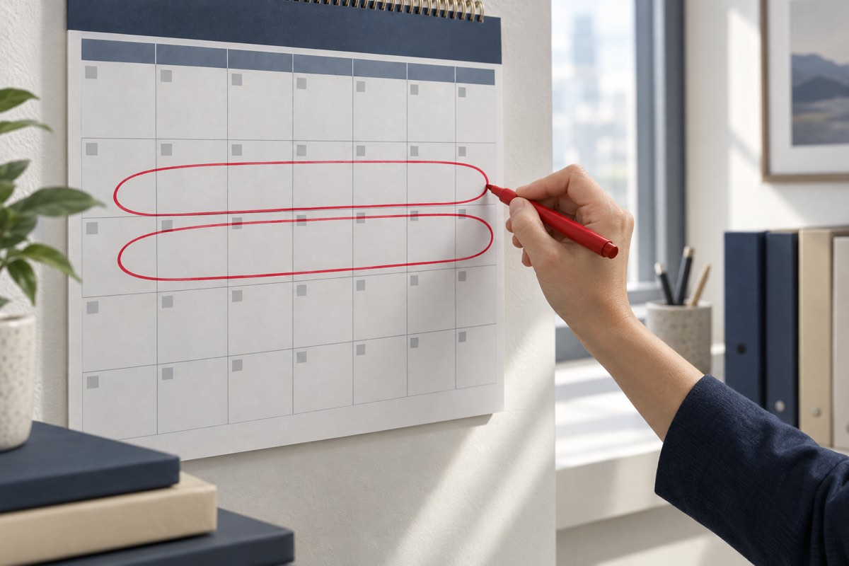 Hand markiert zwei Wochen in einem Wandkalender, Symbolbild zur Zweiwochenfrist bei der fristlosen Kündigung