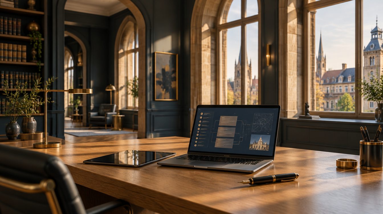 Schreibtisch mit Laptop und Tablet in einem Kanzleibüro